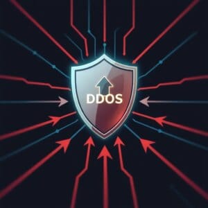 Concept de sécurité réseau abstrait avec bouclier contre les flèches d'attaque DDoS