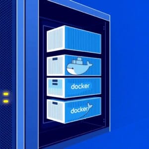 Illustration d'un rack de serveurs avec des conteneurs Docker empilés pour un hébergement web efficace