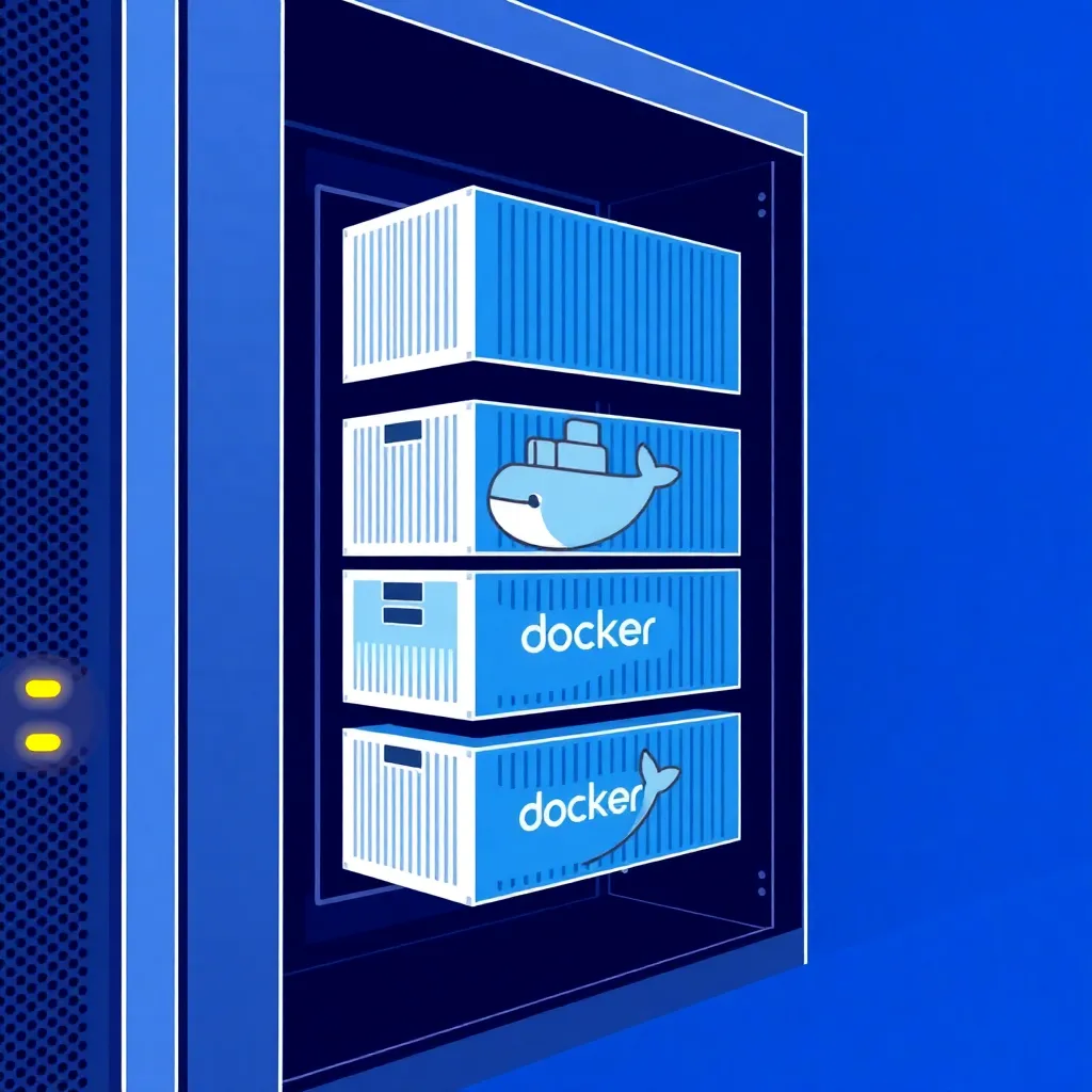 Illustration d'un rack de serveurs avec des conteneurs Docker empilés pour un hébergement web efficace