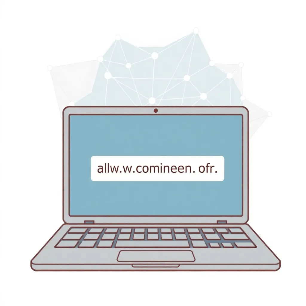 Illustration d'un enregistrement de domaine avec ordinateur, barre d'URL et différentes extensions de domaine