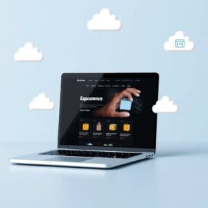 Un ordinateur portable montre un site web Dropshipping avec des icônes d'hébergement en nuage