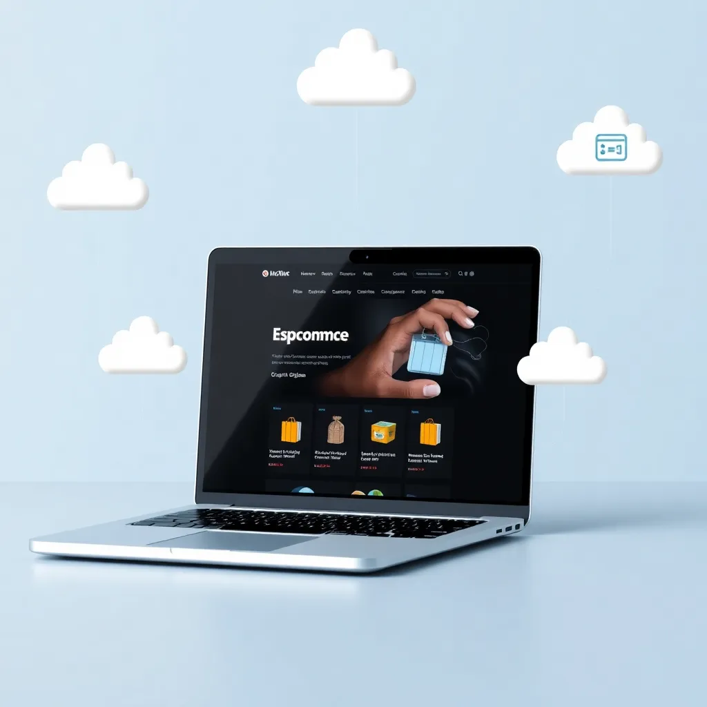 Un ordinateur portable montre un site web Dropshipping avec des icônes d'hébergement en nuage