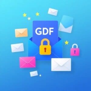 Représentation abstraite de l'e-mail marketing conforme au RGPD avec des enveloppes, des cadenas et des symboles de protection des données