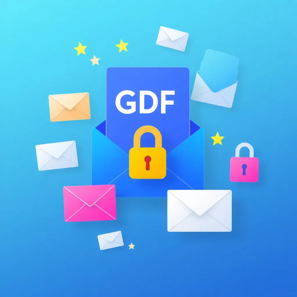Représentation abstraite de l'e-mail marketing conforme au RGPD avec des enveloppes, des cadenas et des symboles de protection des données