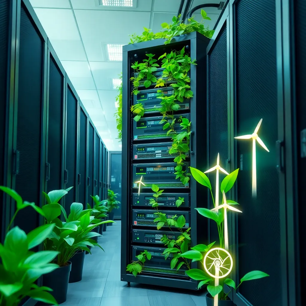 Hébergement web écologique : un rack de serveurs verts entouré de plantes et de symboles d'énergie renouvelable