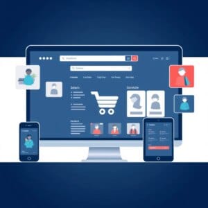 Illustration abstraite d'un site de commerce électronique optimisé avec différents éléments fonctionnels