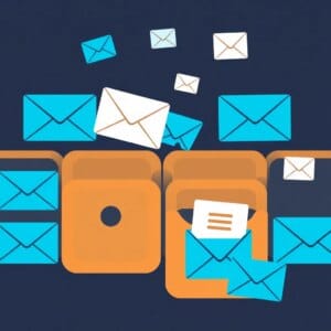 Représentation abstraite de l'archivage des e-mails avec des symboles de sécurité et de conformité