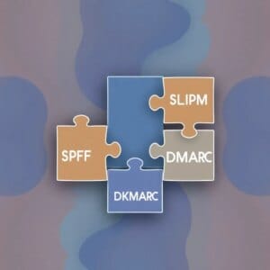 Représentation abstraite de la sécurité du courrier électronique avec des pièces de puzzle imbriquées pour SPF, DKIM et DMARC