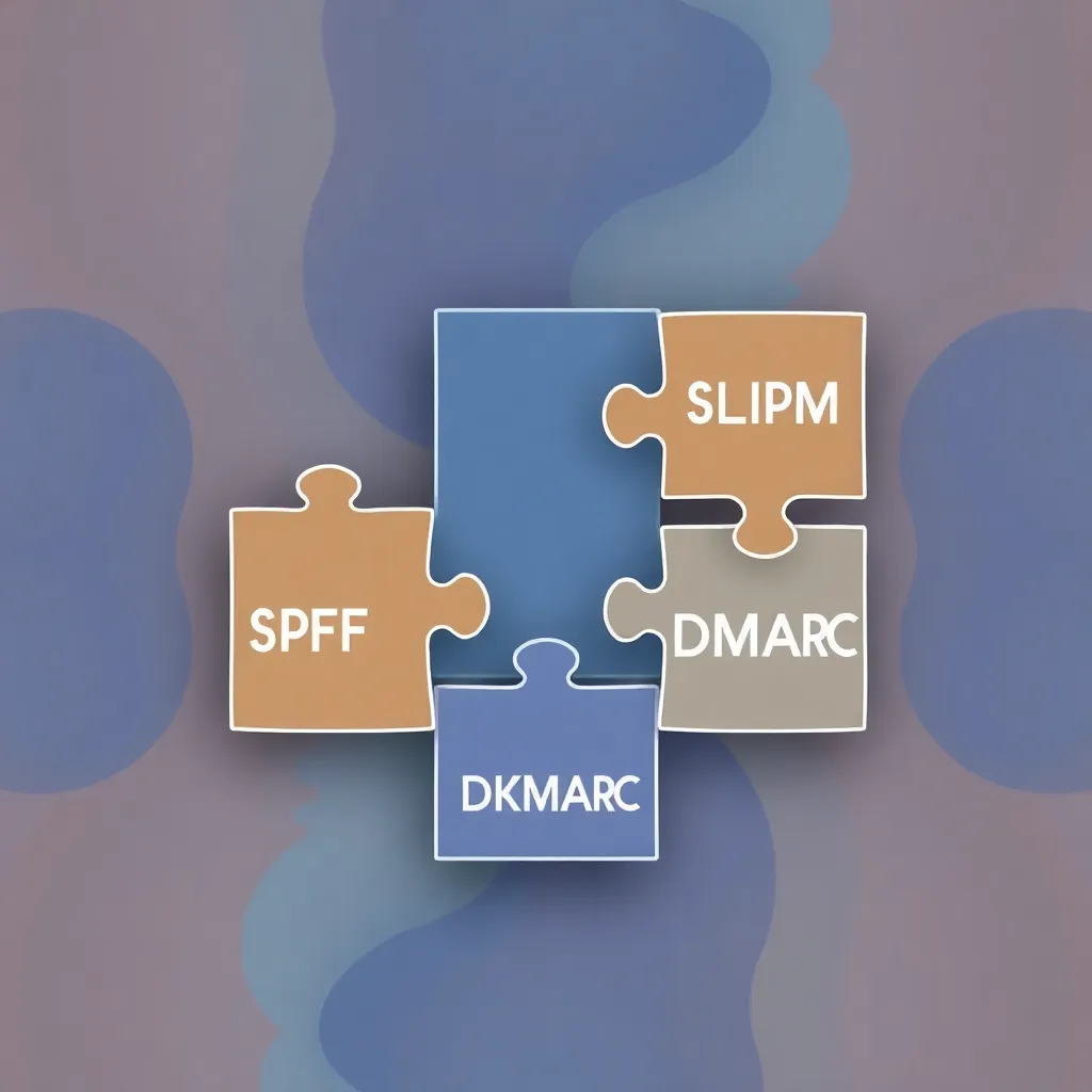Représentation abstraite de la sécurité du courrier électronique avec des pièces de puzzle imbriquées pour SPF, DKIM et DMARC