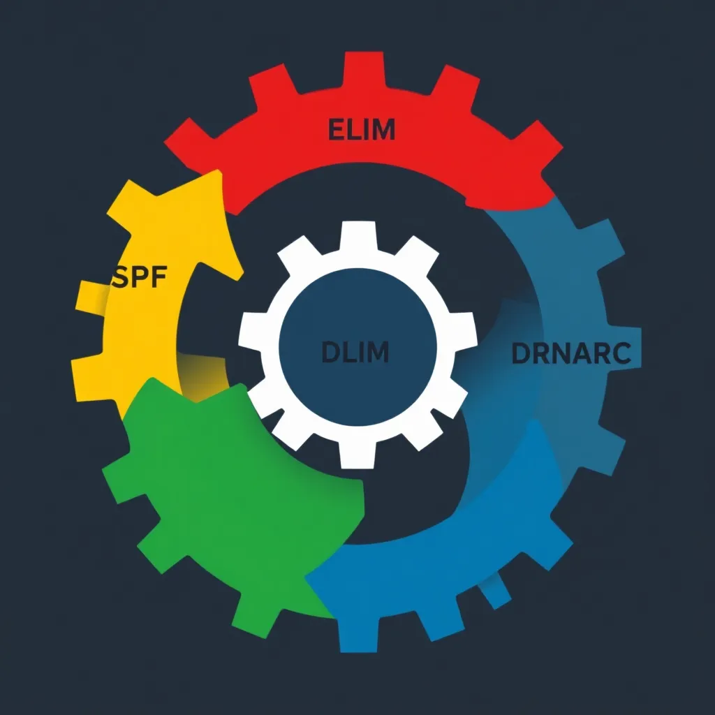 Représentation schématique de SPF, DKIM et DMARC en tant que composants de l'authentification du courrier électronique