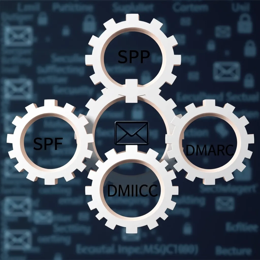 Représentation abstraite de SPF, DKIM et DMARC comme des engrenages interdépendants pour la sécurité du courrier électronique