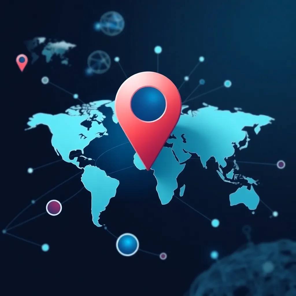 Abstract representation of geolocation technology with maps and digital networks.