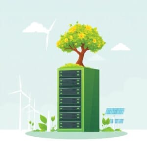 Rack de serveur vert avec des sources d'énergie renouvelables et un arbre qui pousse