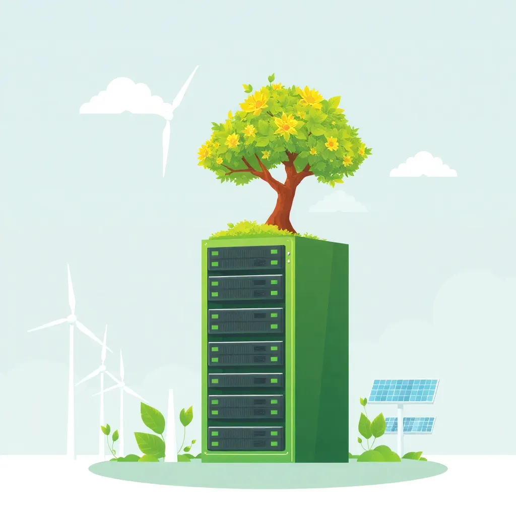 Rack de serveur vert avec des sources d'énergie renouvelables et un arbre qui pousse