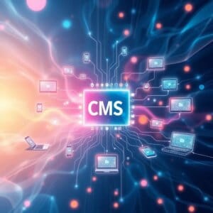 Représentation futuriste d'un CMS headless avec un hub de contenu central et des appareils numériques connectés