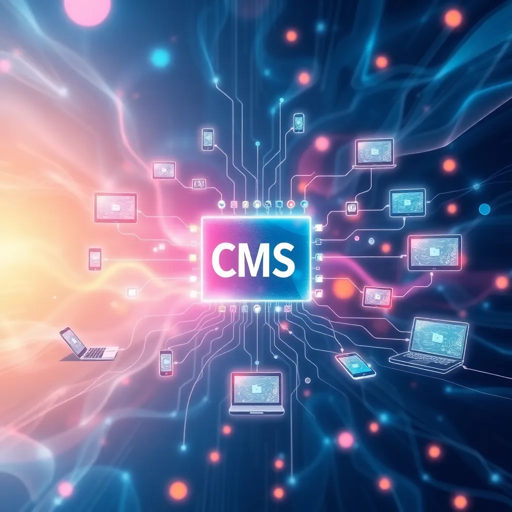 Représentation futuriste d'un CMS headless avec un hub de contenu central et des appareils numériques connectés