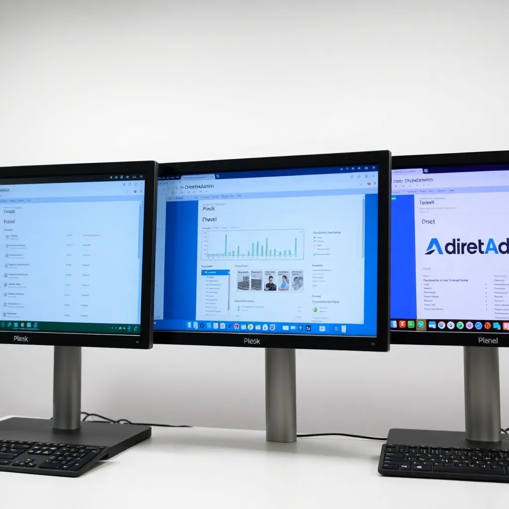 Comparaison des interfaces utilisateur de Plesk, cPanel et DirectAdmin sur trois écrans d'ordinateur