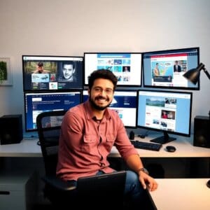 Tech influencer démontrant des services d'hébergement web sur plusieurs écrans