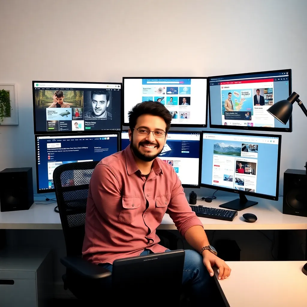 Tech influencer démontrant des services d'hébergement web sur plusieurs écrans