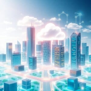 Un paysage urbain futuriste avec des appareils IoT en réseau et des serveurs en nuage