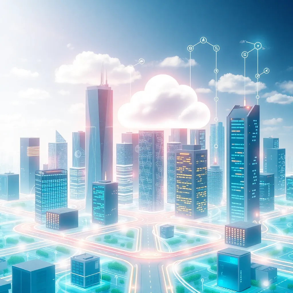 Un paysage urbain futuriste avec des appareils IoT en réseau et des serveurs en nuage