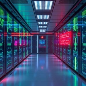 Salle de serveurs futuriste avec détection des menaces assistée par IA