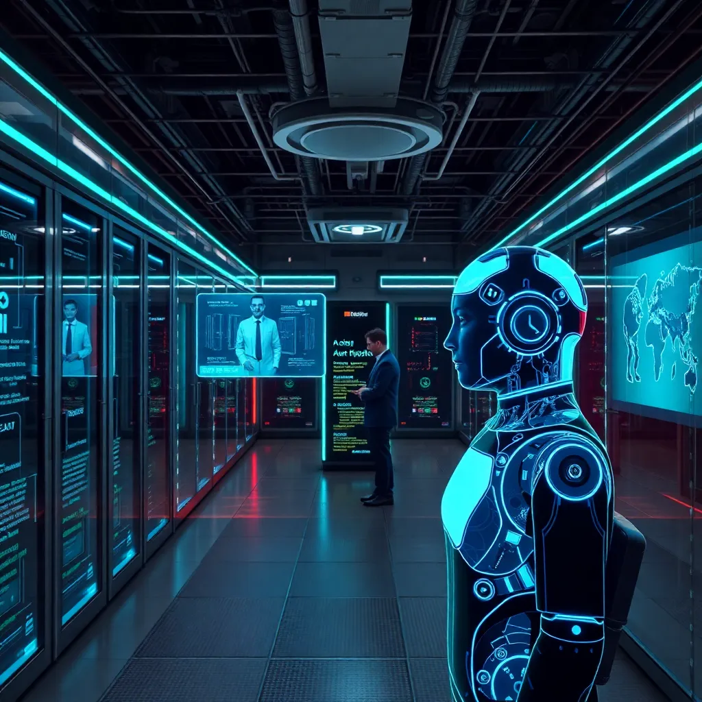 Un centre de données futuriste avec des chatbots d'IA et des techniciens