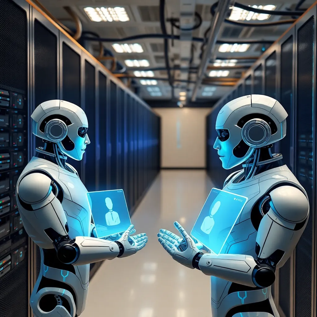 Un centre de données futuriste avec des chatbots IA pour l'assistance à l'hébergement web