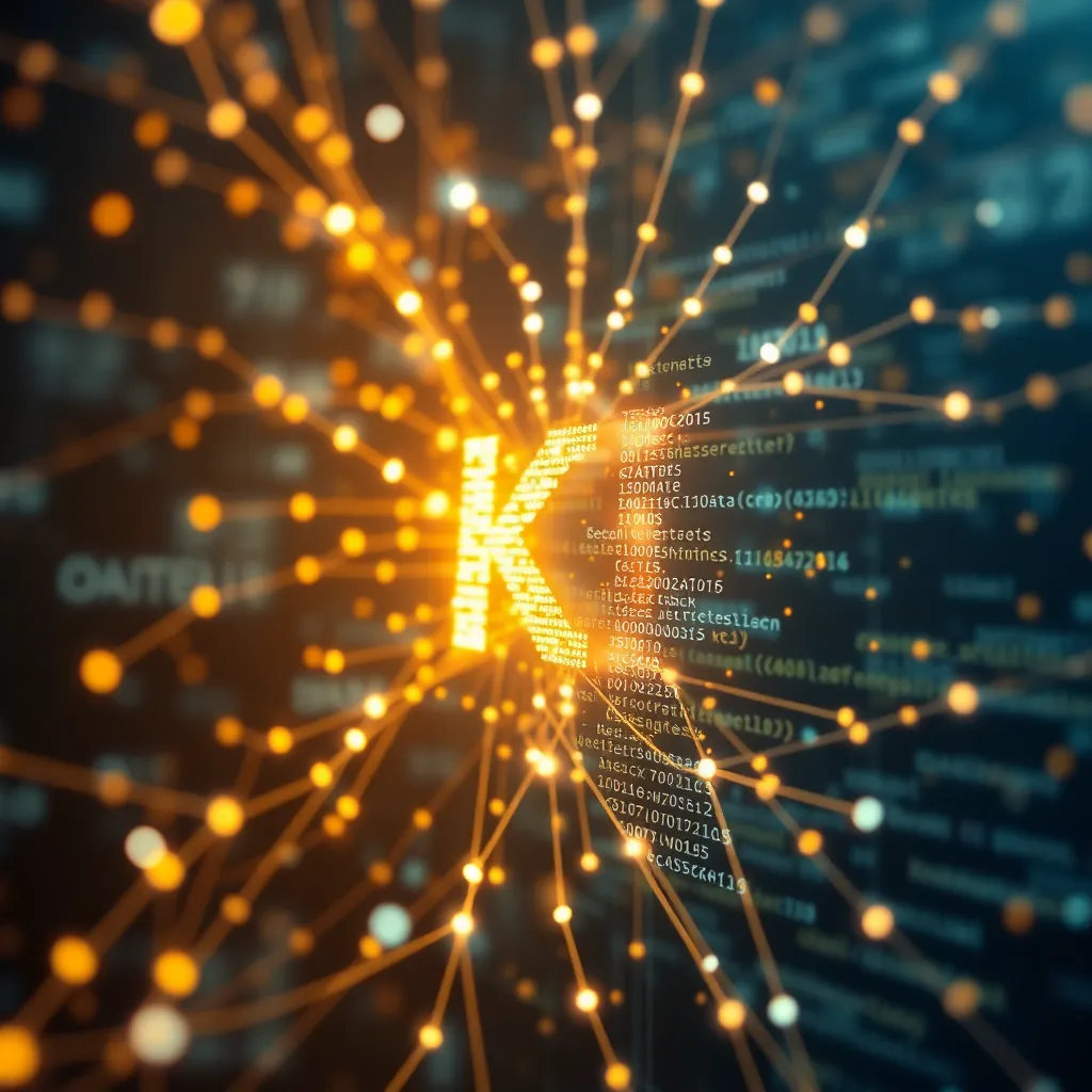 Représentation futuriste de l'optimisation de code assistée par l'IA avec des structures de code abstraites et des algorithmes d'IA