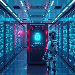 Salle de serveurs futuriste avec systèmes de sécurité basés sur l'IA