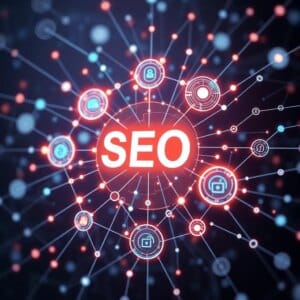Représentation abstraite de l'optimisation SEO basée sur l'IA avec des nœuds et des éléments de données interconnectés