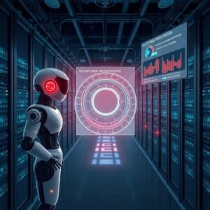 Un centre de données futuriste avec des robots contrôlés par l'IA et des prévisions holographiques de la charge de travail