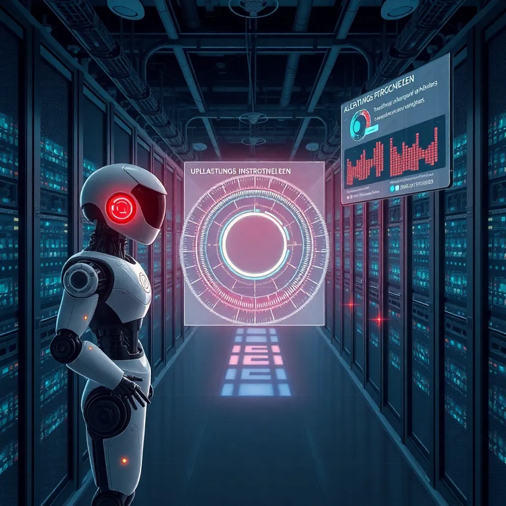 Un centre de données futuriste avec des robots contrôlés par l'IA et des prévisions holographiques de la charge de travail