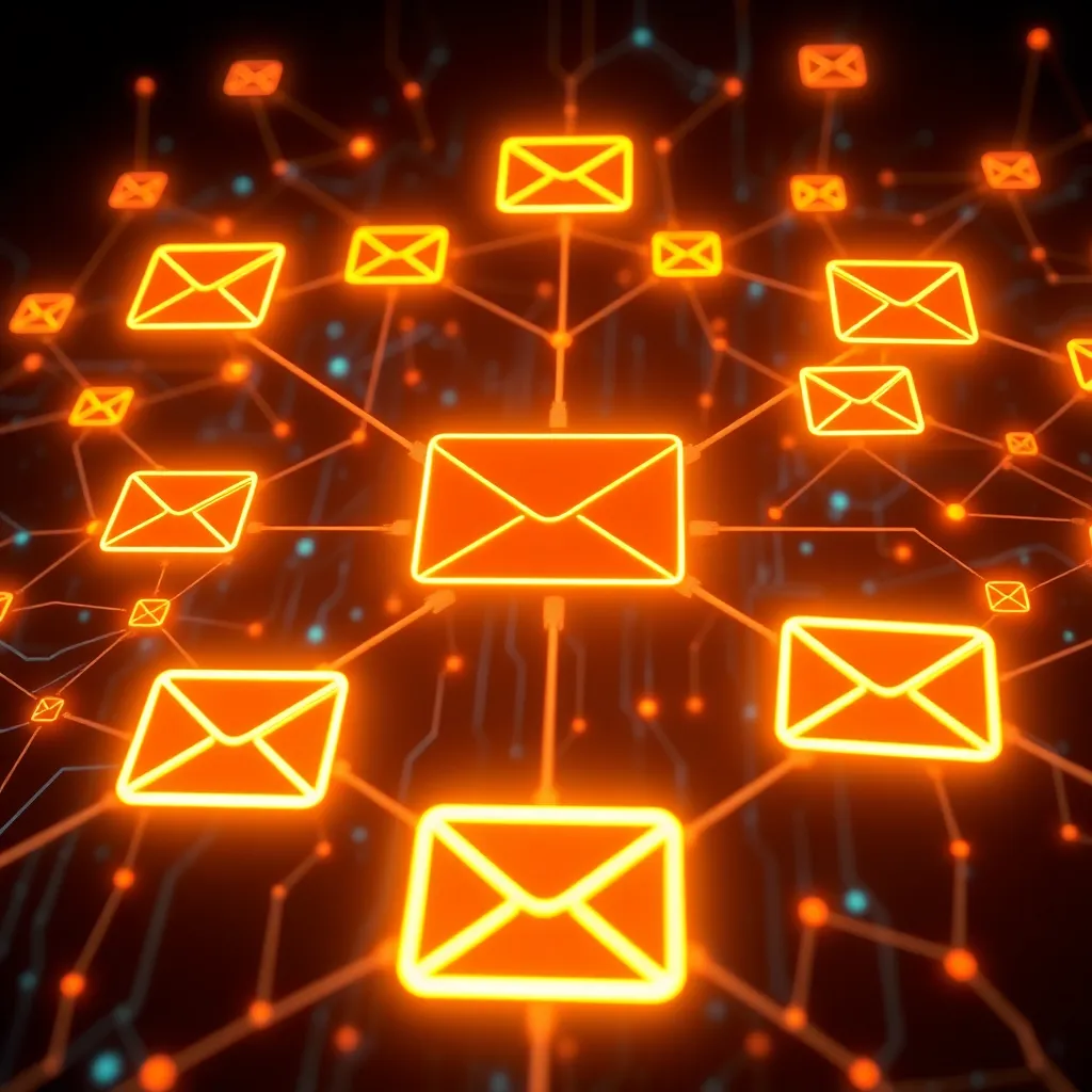 Visualisation futuriste du réseau d'IA pour le filtrage du spam