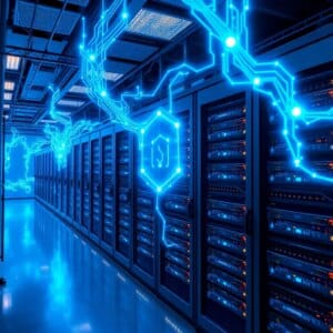 Un paysage de serveurs futuristes avec intégration de l'IA dans l'hébergement web