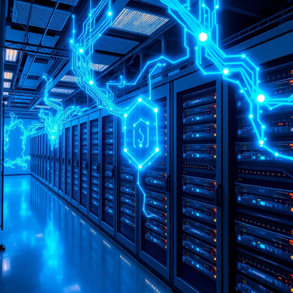 Un paysage de serveurs futuristes avec intégration de l'IA dans l'hébergement web