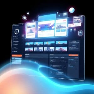 Interface web futuriste basée sur l'IA avec des aperçus holographiques du site web