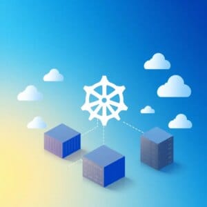 Représentation abstraite de l'orchestration Kubernetes dans l'hébergement web avec des conteneurs et des structures de serveurs en réseau