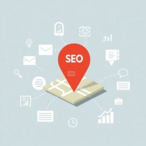 Stratégie de référencement local pour les fournisseurs d'hébergement web visualisée par une carte et des icônes SEO