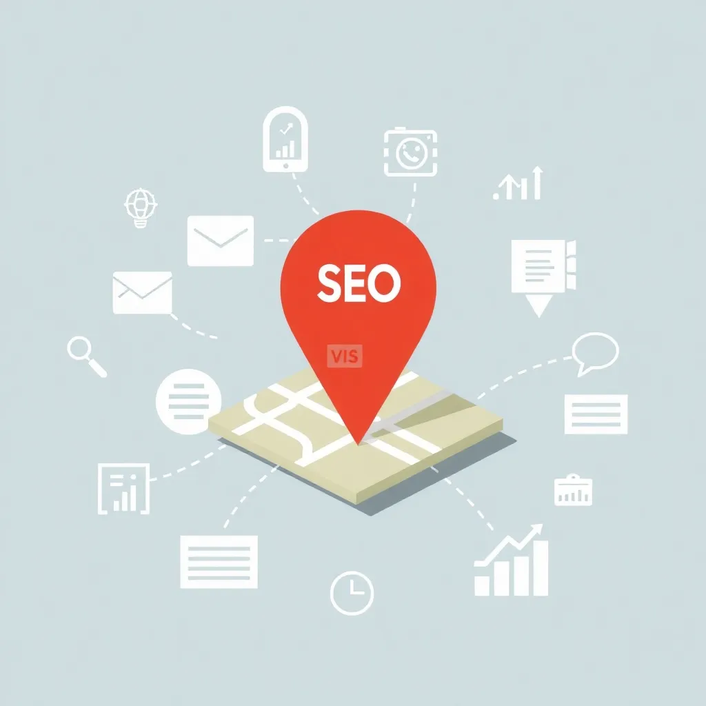 Stratégie de référencement local pour les fournisseurs d'hébergement web visualisée par une carte et des icônes SEO