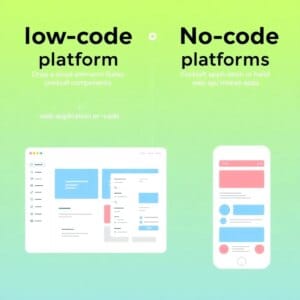 Représentation visuelle des plateformes Low-Code et No-Code avec éléments drag-and-drop et application web prête à l'emploi