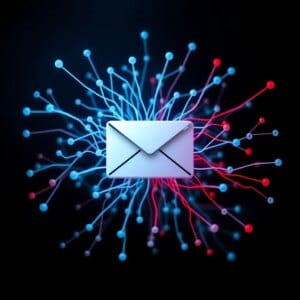 Un réseau neuronal abstrait filtre les e-mails, lignes bleues pour les e-mails légitimes, rouges pour les spams