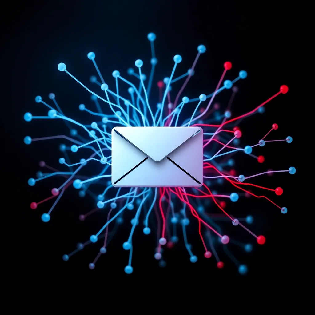 Un réseau neuronal abstrait filtre les e-mails, lignes bleues pour les e-mails légitimes, rouges pour les spams