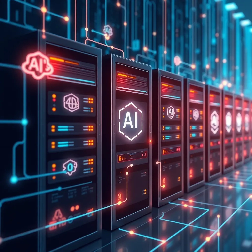 Représentation abstraite du Machine Learning dans l'hébergement web avec des serveurs en réseau et des symboles d'IA