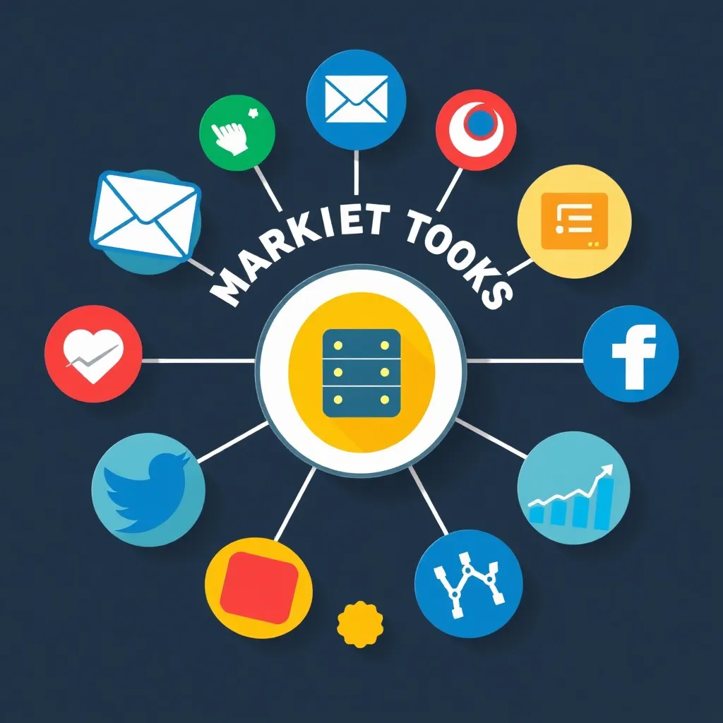 Disposition circulaire d'icônes d'outils marketing autour d'une icône centrale d'hébergement web