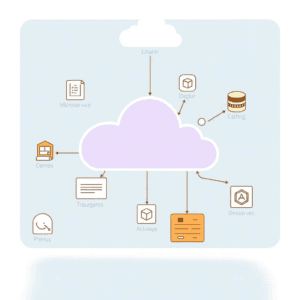 Illustration d'une infrastructure cloud avec microservices et DevOps.