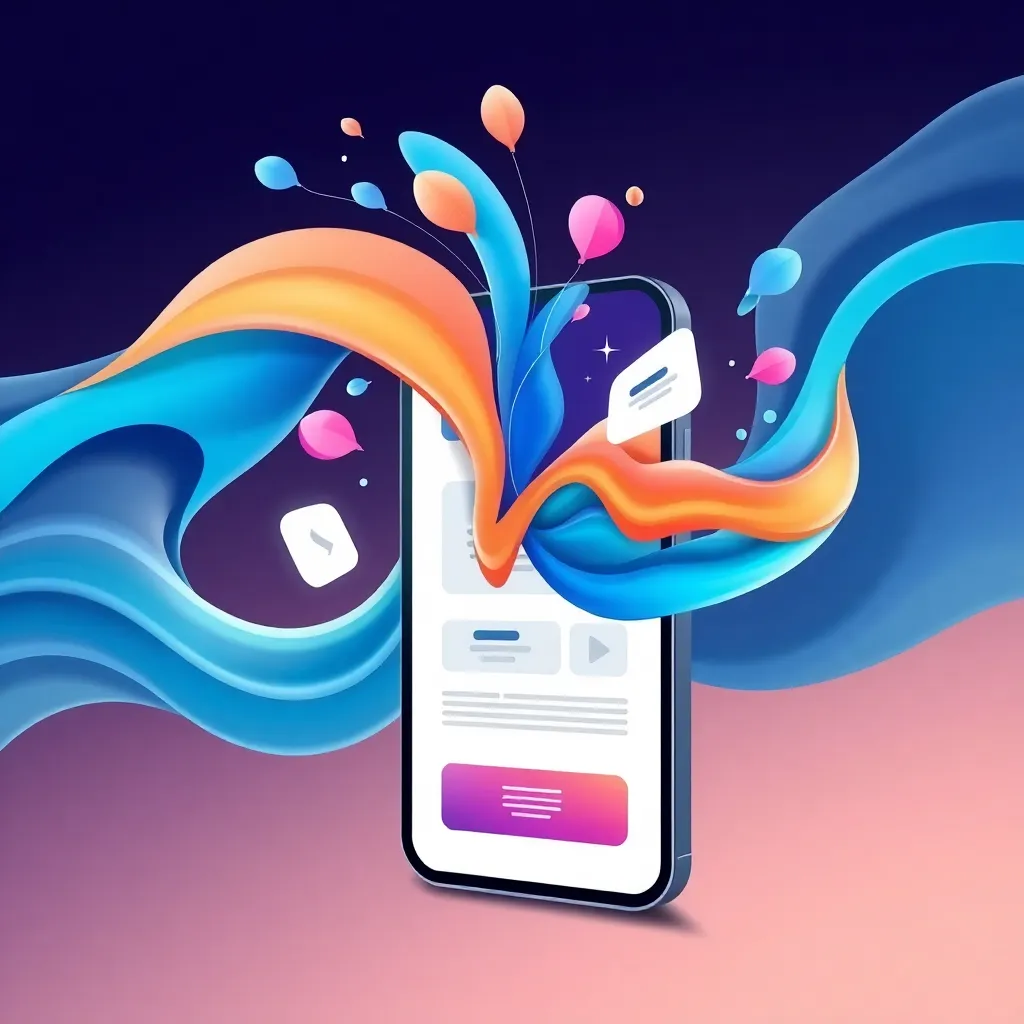Représentation abstraite d'un smartphone avec des éléments de design fluides représentant le Mobile-First Webdesign