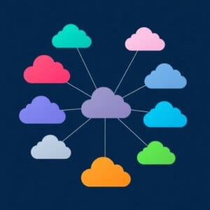 Représentation abstraite d'une stratégie multi-cloud avec des symboles de nuages en réseau