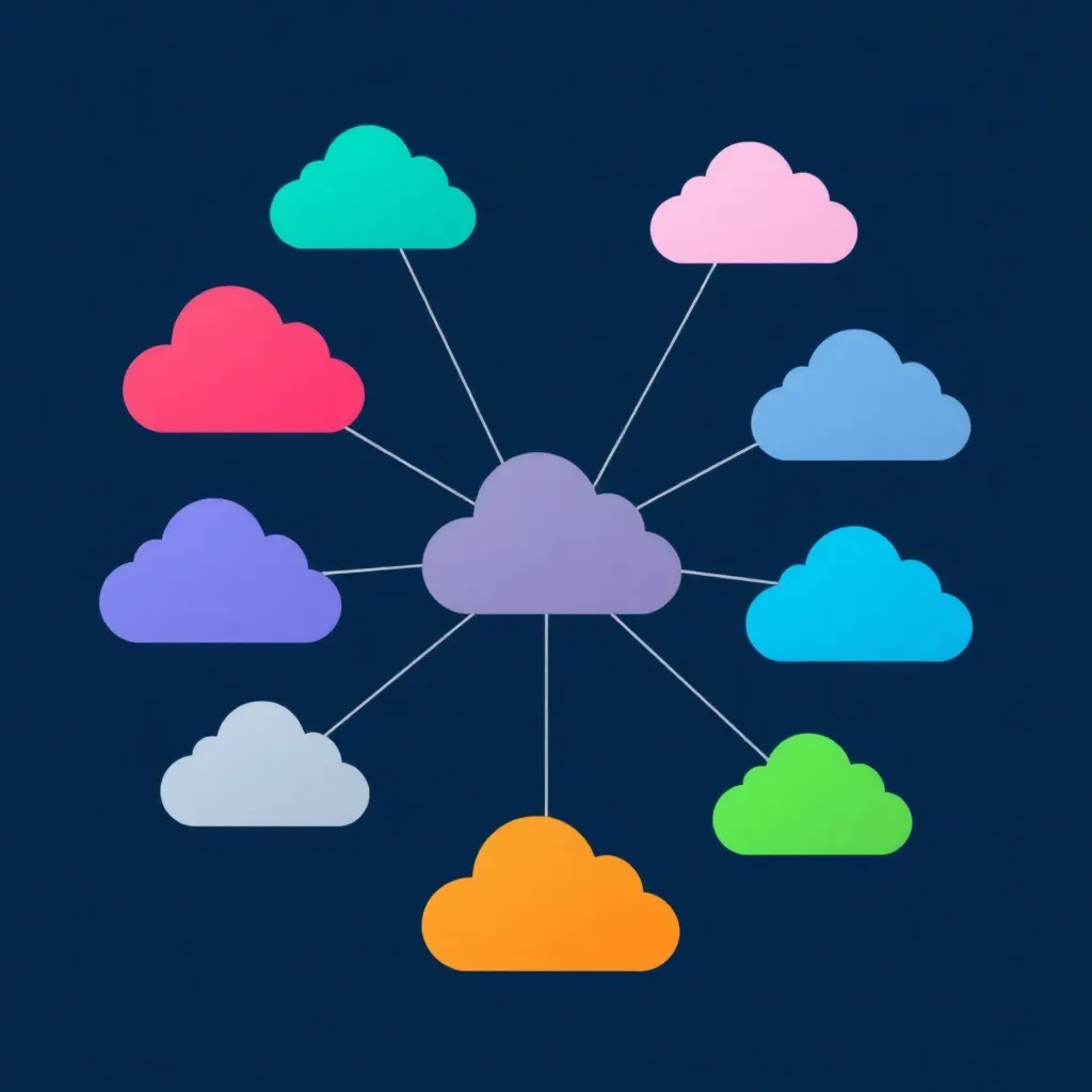 Représentation abstraite d'une stratégie multi-cloud avec des symboles de nuages en réseau