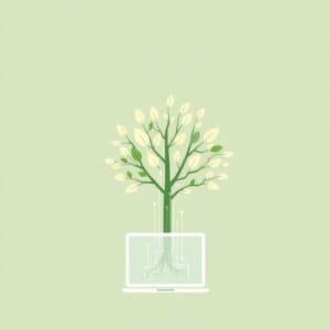 Image minimaliste d'un arbre avec des feuilles numériques, reliée à un ordinateur portable, symbolise le design web durable
